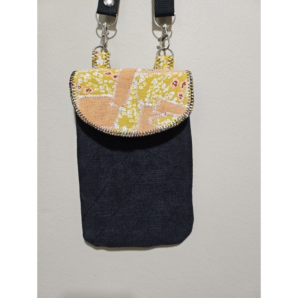 Handmade Quilted Denim and Fabric Crossbody Bag Upcycled Materials Boho Eclectic